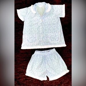 dondolo Girl’s 4 XS Blue White Pajama Set 2-Piece Floral Cotton Ruffle Trim PJs
